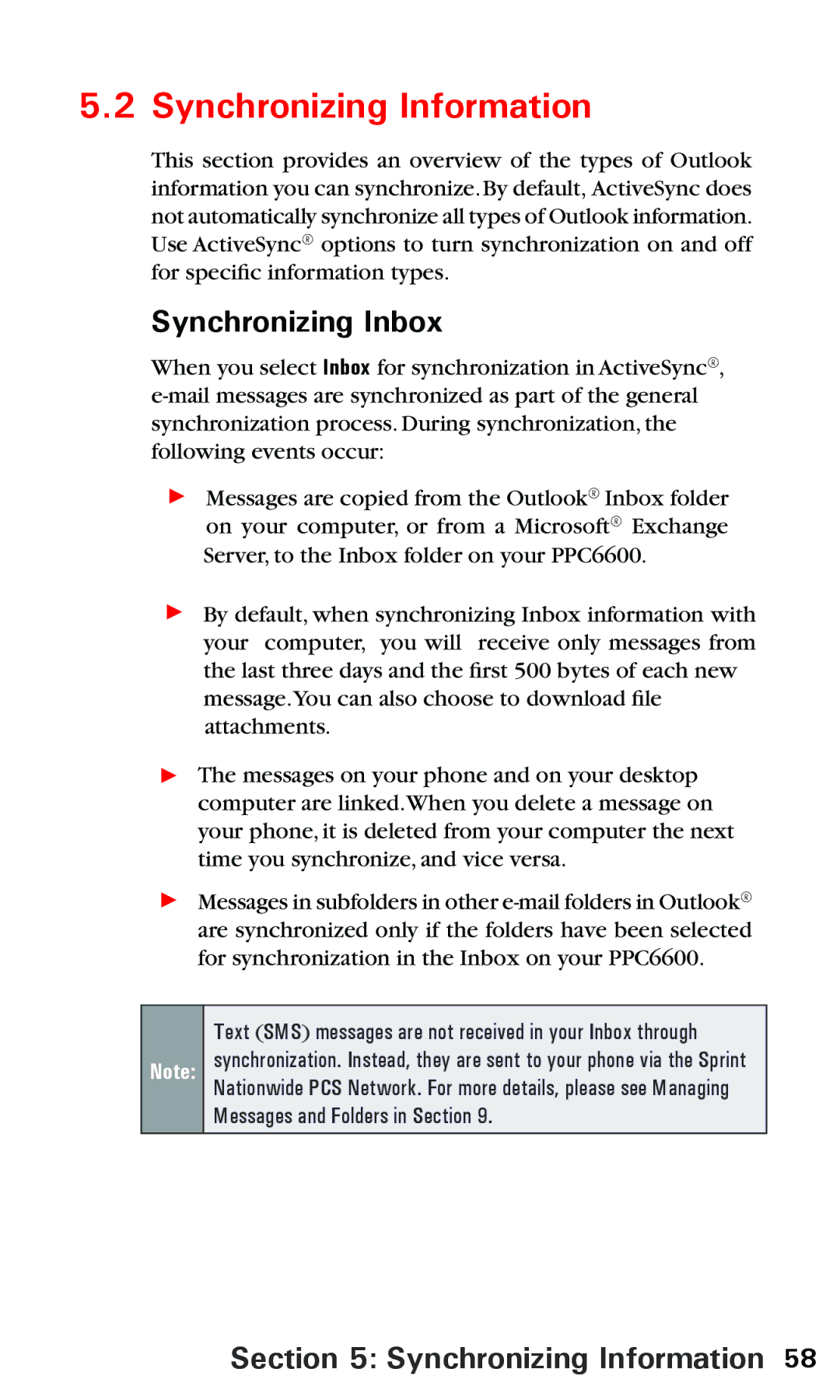 Audiovox PPC6600 manual Synchronizing Information, Synchronizing Inbox 