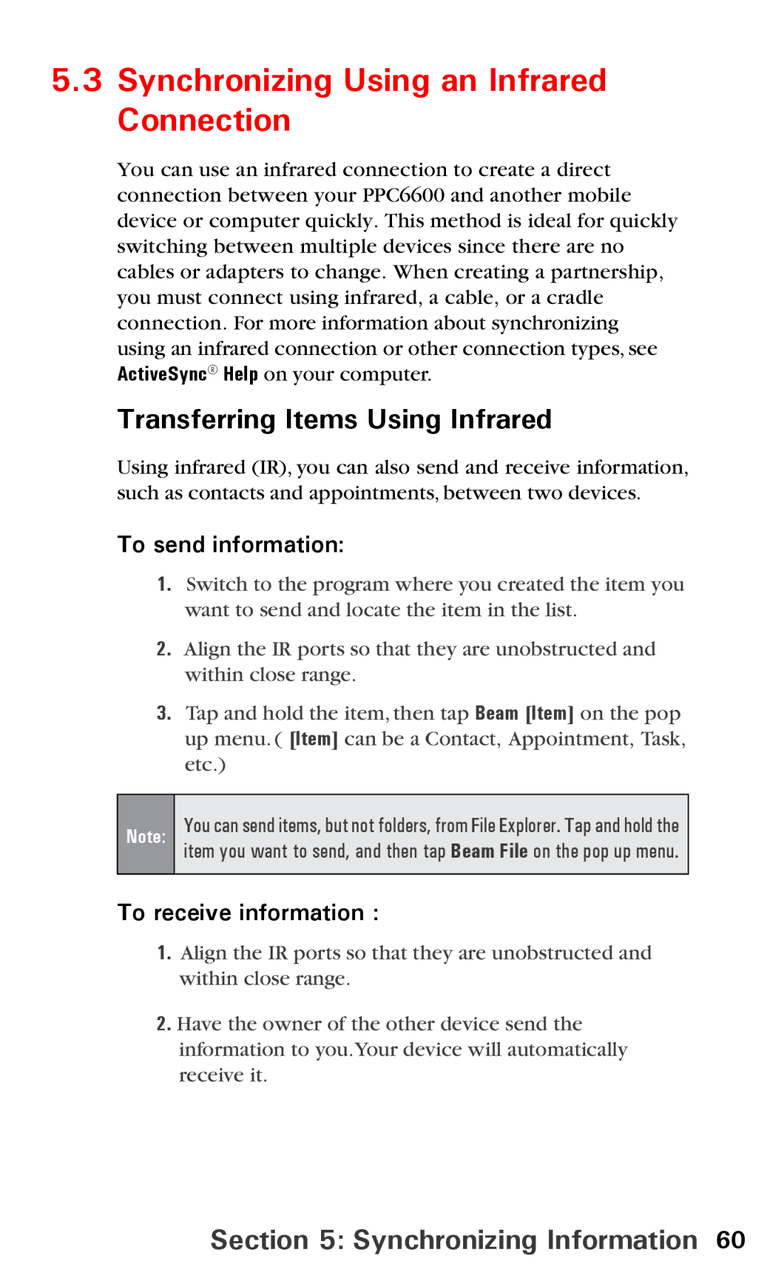 Audiovox PPC6600 manual Synchronizing Using an Infrared Connection, Transferring Items Using Infrared, To send information 