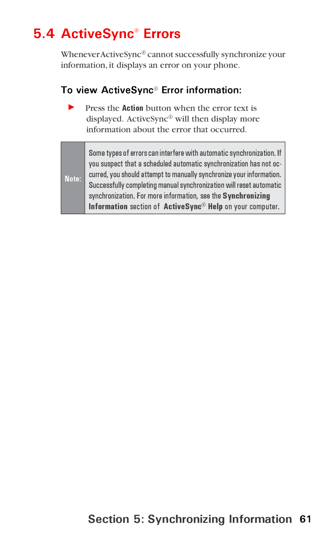 Audiovox PPC6600 manual ActiveSync Errors, To view ActiveSync Error information 