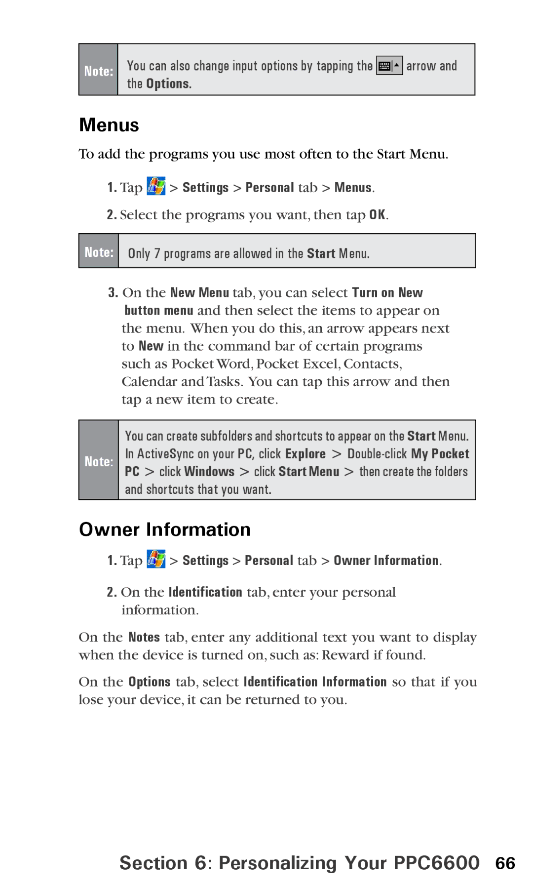Audiovox PPC6600 manual Tap Settings Personal tab Menus, Tap Settings Personal tab Owner Information 
