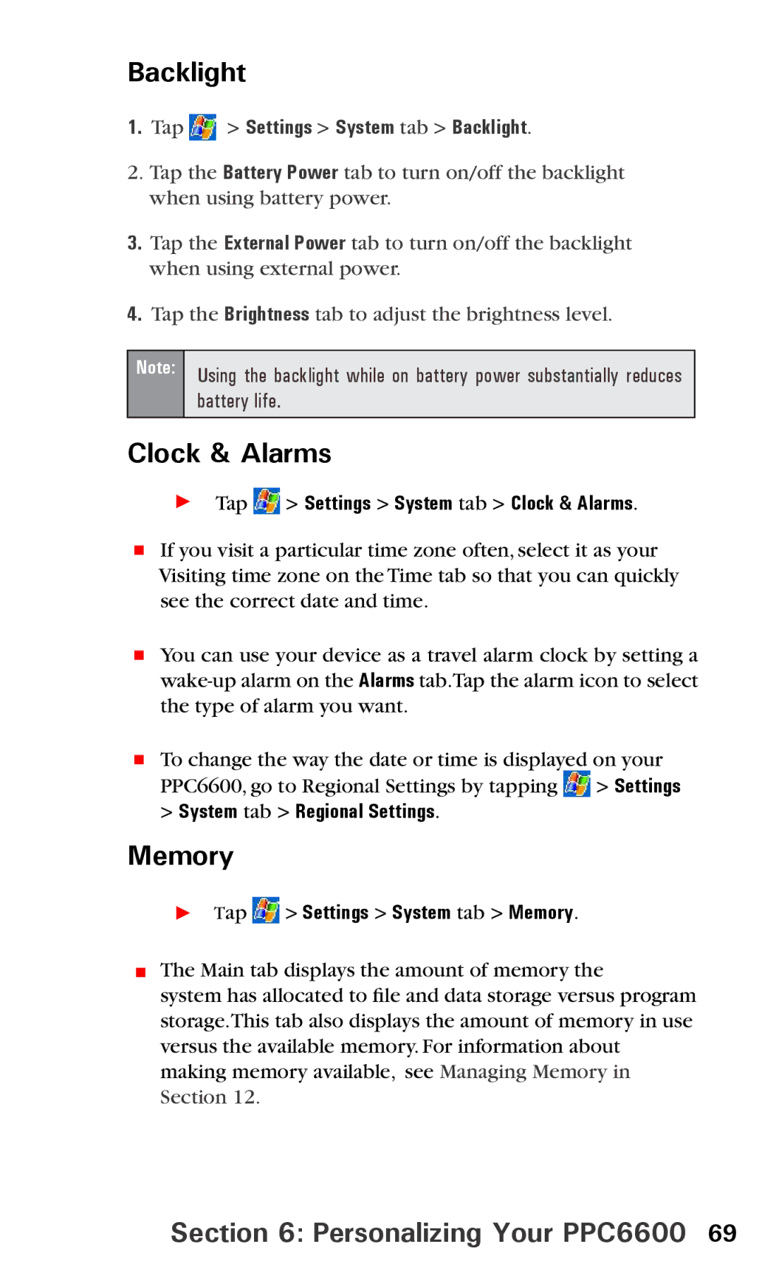 Audiovox PPC6600 manual Clock & Alarms, Memory, Tap Settings System tab Backlight 
