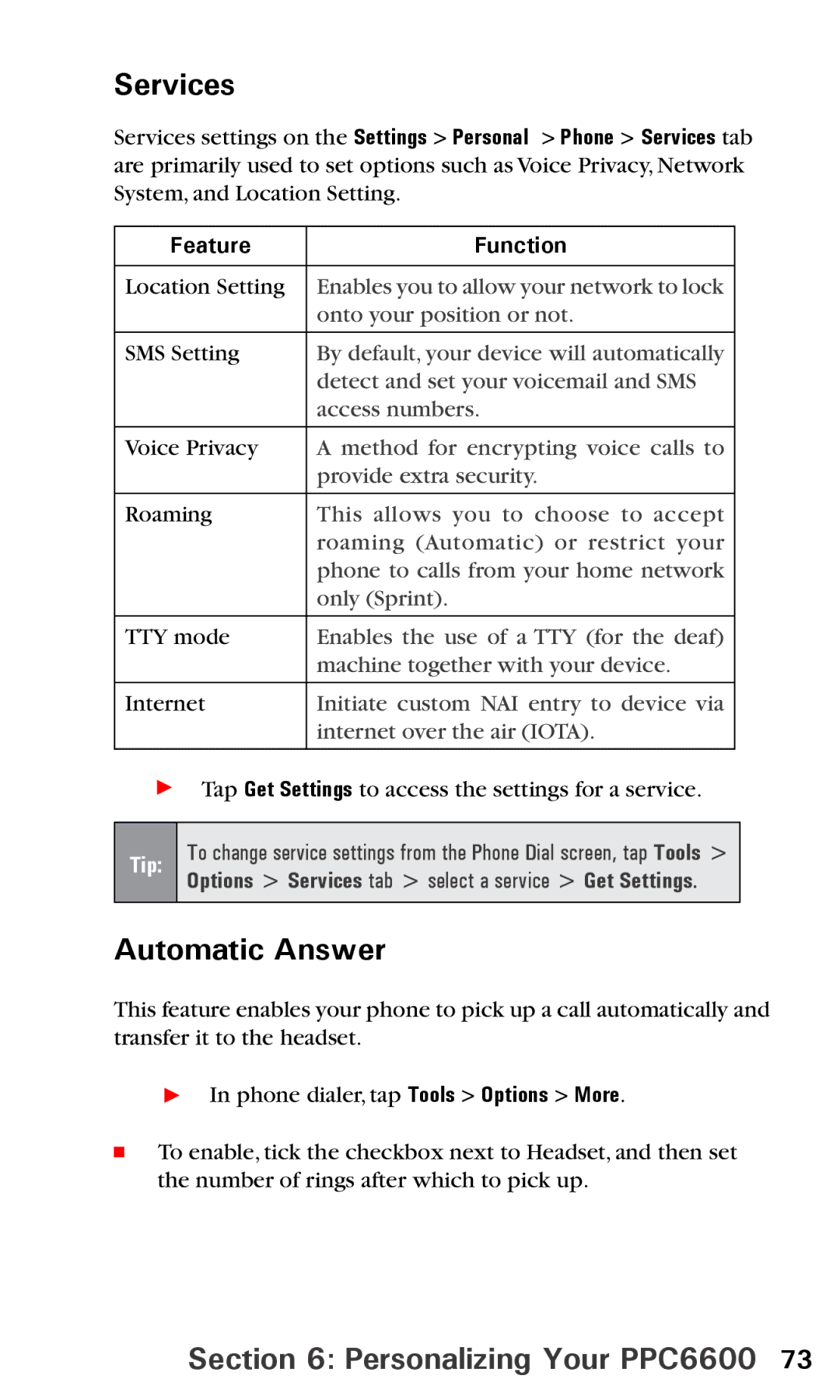 Audiovox PPC6600 manual Services, Automatic Answer, Feature Function 