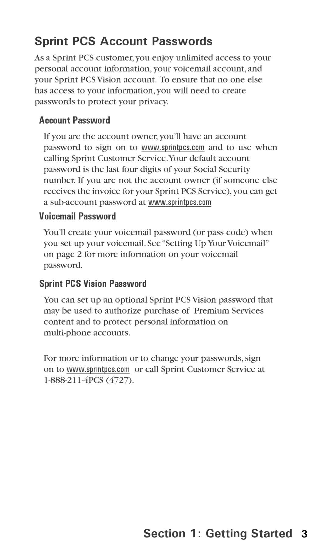 Audiovox PPC6600 manual Sprint PCS Account Passwords, Account Password Voicemail Password, Sprint PCS Vision Password 