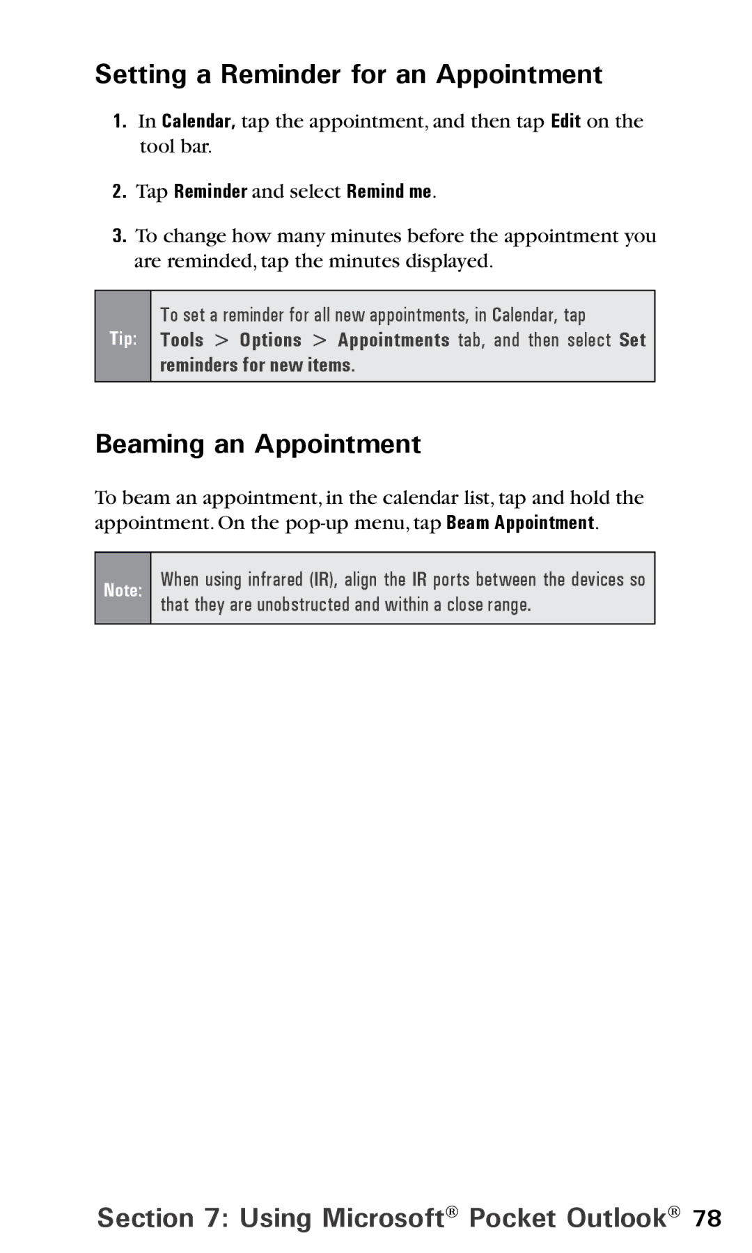 Audiovox PPC6600 manual Setting a Reminder for an Appointment, Beaming an Appointment, Tap Reminder and select Remind me 