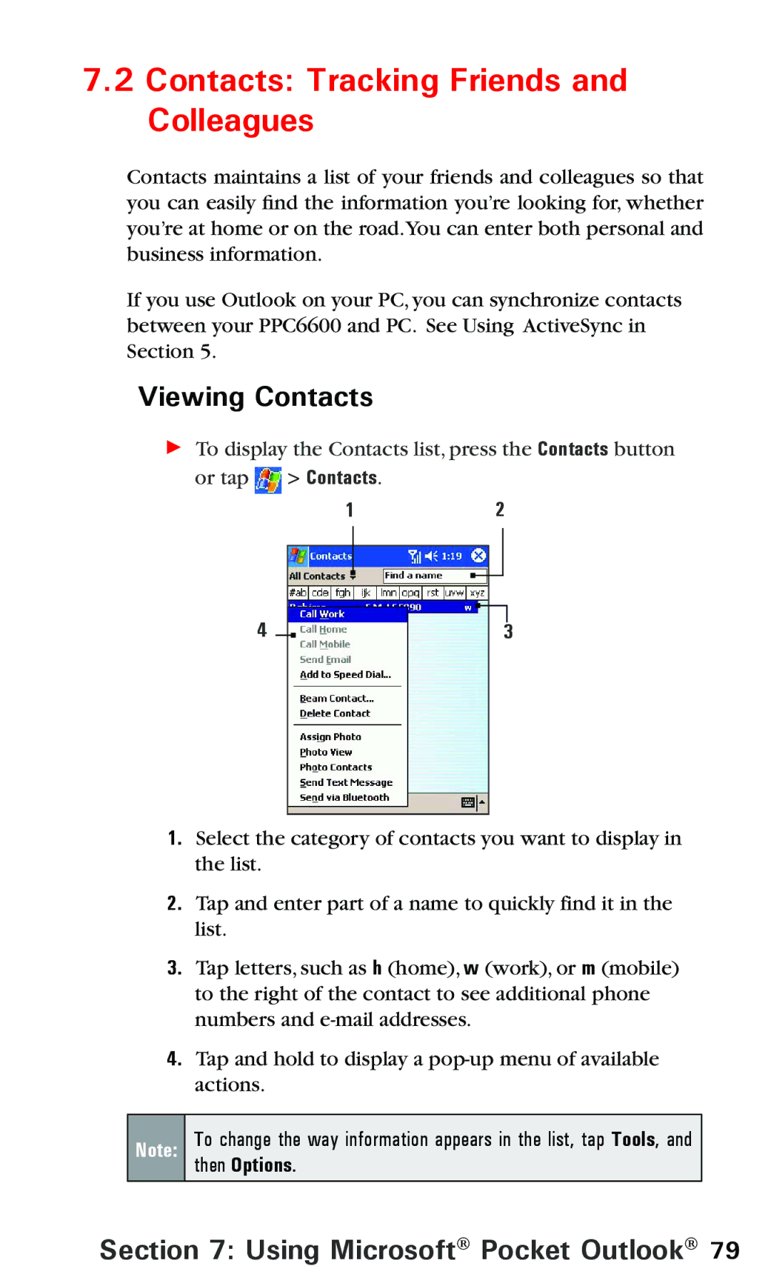 Audiovox PPC6600 manual Contacts Tracking Friends and Colleagues, Viewing Contacts 