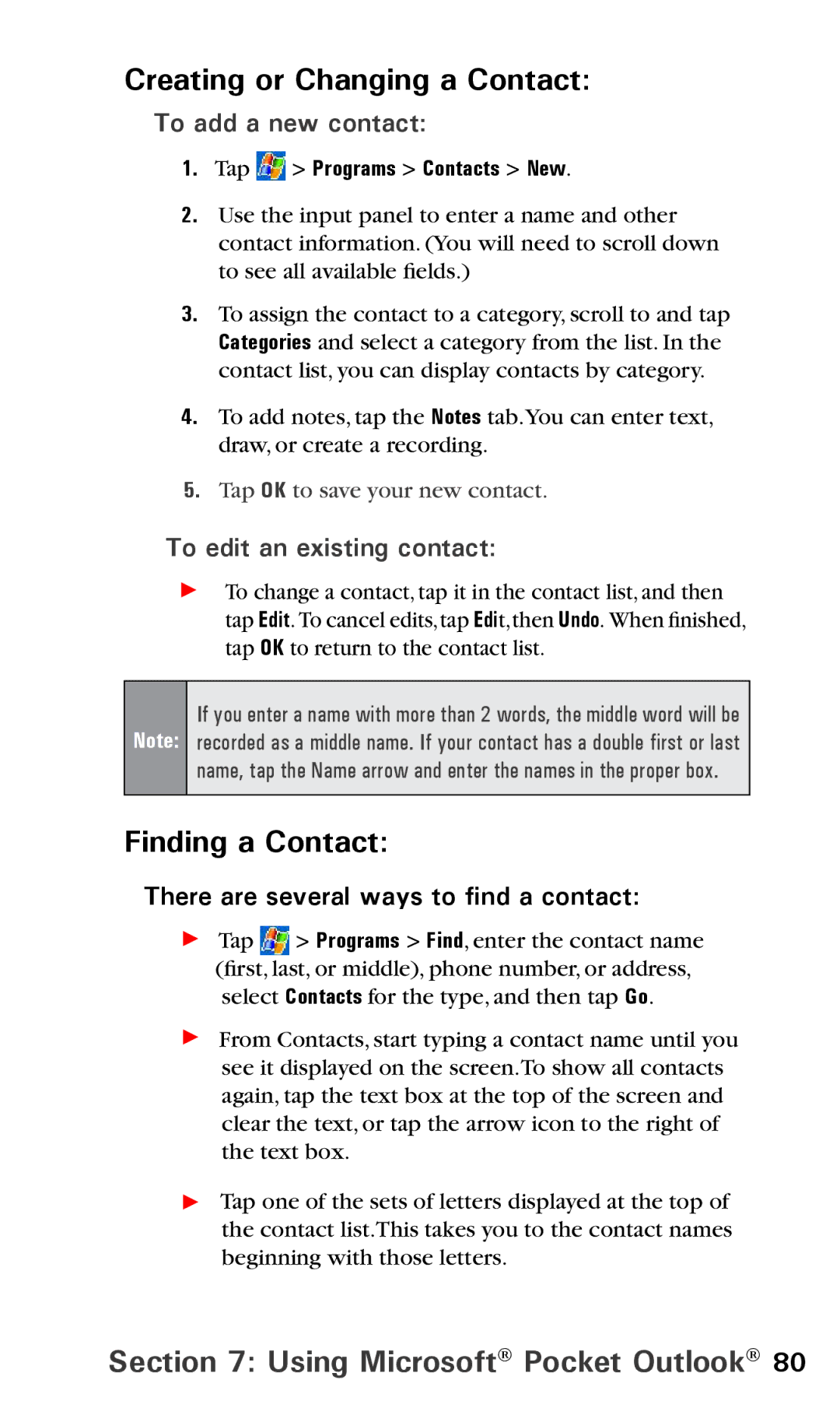 Audiovox PPC6600 Creating or Changing a Contact, Finding a Contact, To add a new contact, To edit an existing contact 