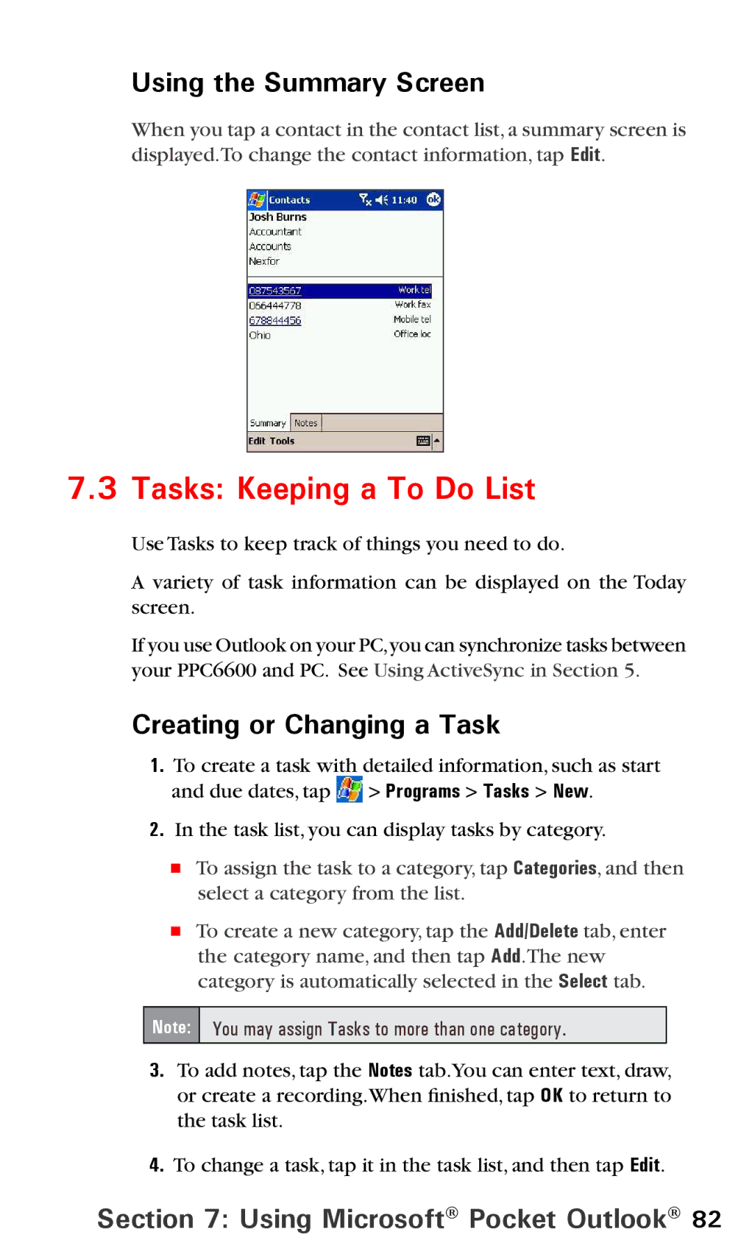 Audiovox PPC6600 manual Tasks Keeping a To Do List, Creating or Changing a Task 