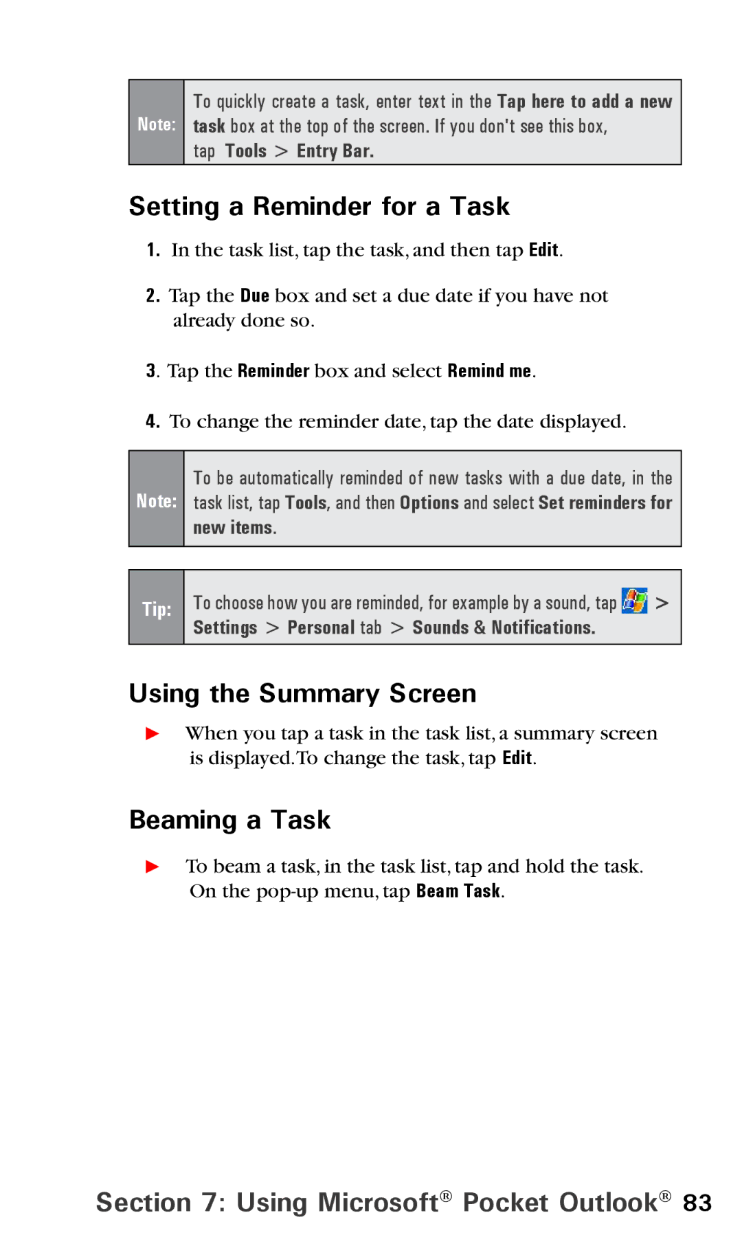 Audiovox PPC6600 manual Setting a Reminder for a Task, Beaming a Task, Tap Tools Entry Bar 