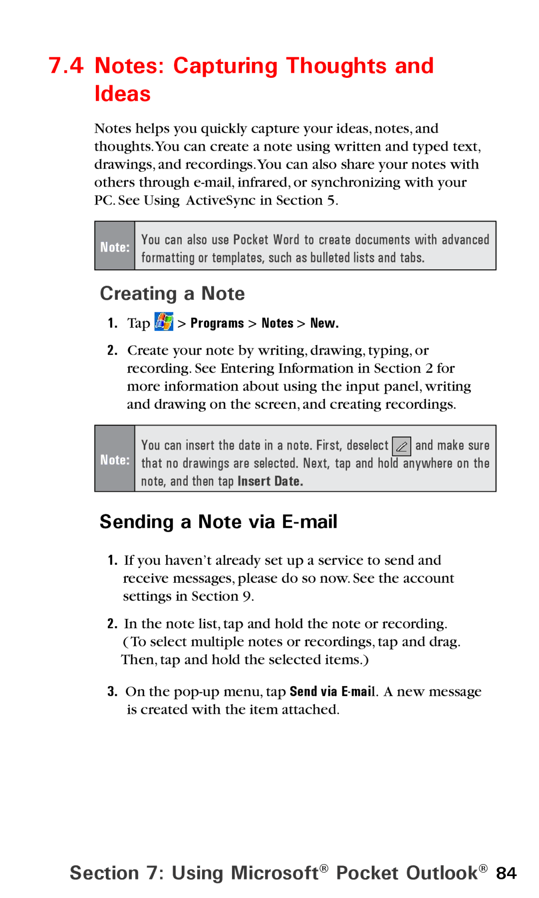 Audiovox PPC6600 manual Creating a Note, Sending a Note via E-mail, Tap Programs Notes New 