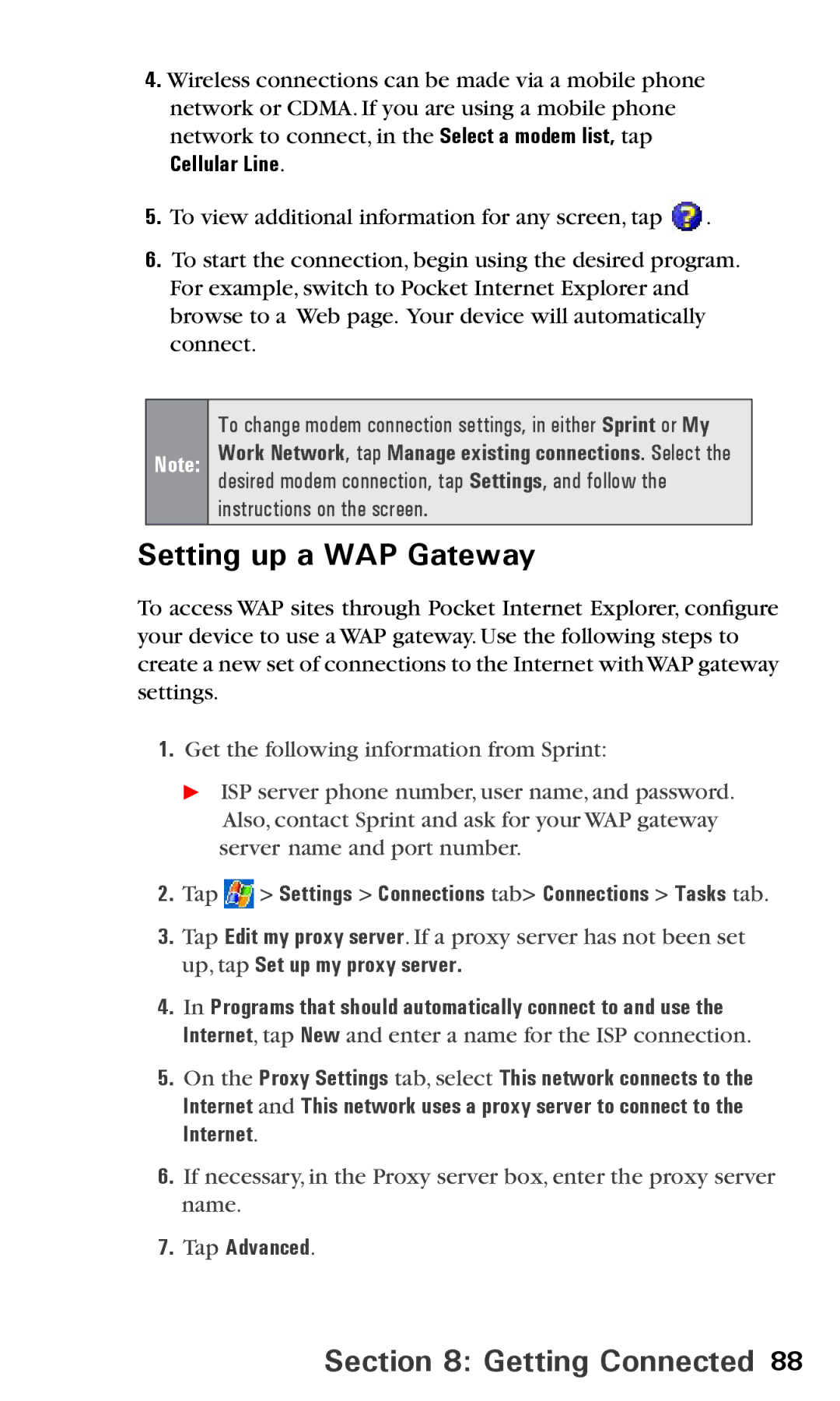 Audiovox PPC6600 manual Setting up a WAP Gateway, Cellular Line, Tap Advanced 