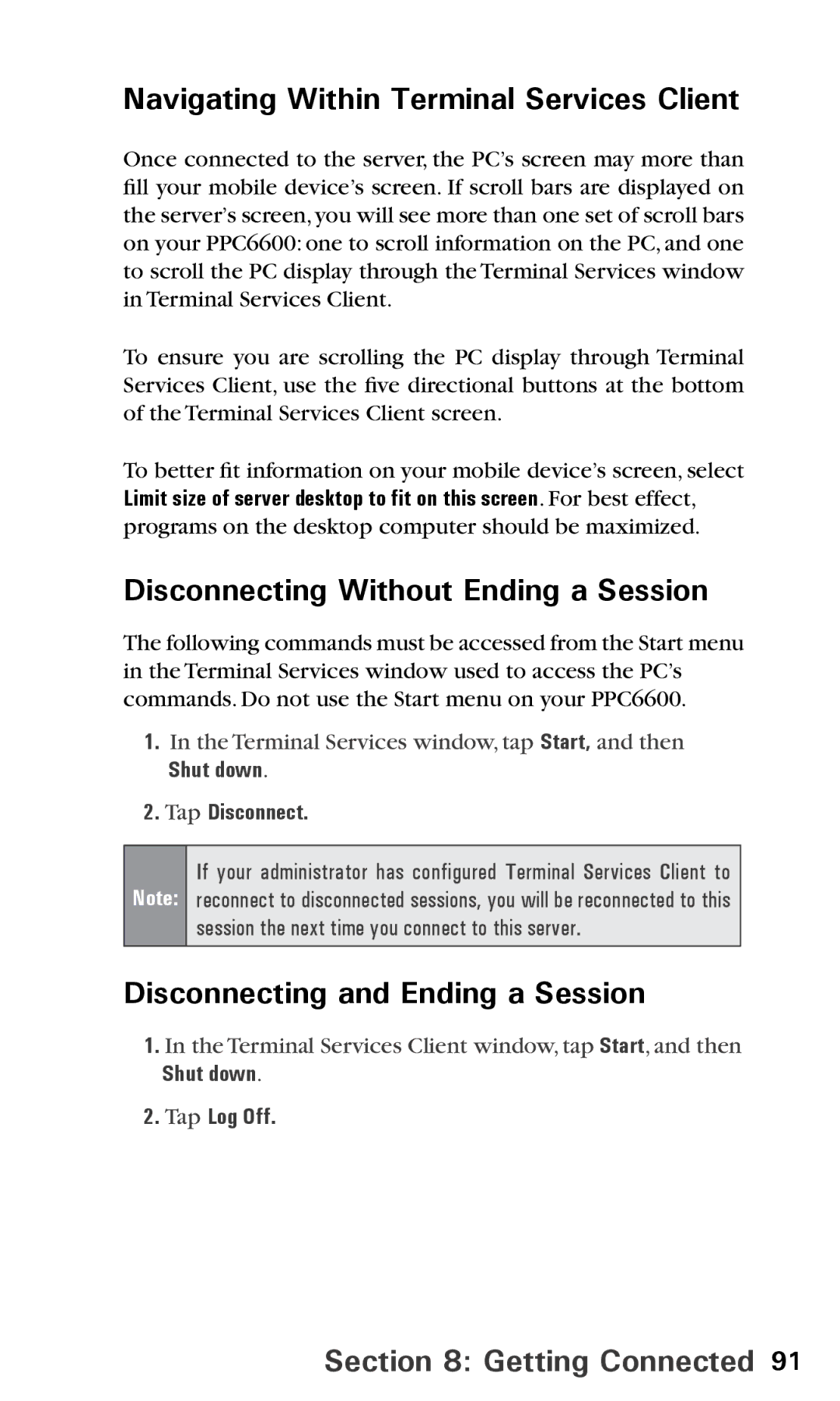 Audiovox PPC6600 Navigating Within Terminal Services Client, Disconnecting Without Ending a Session, Shut down Tap Log Off 