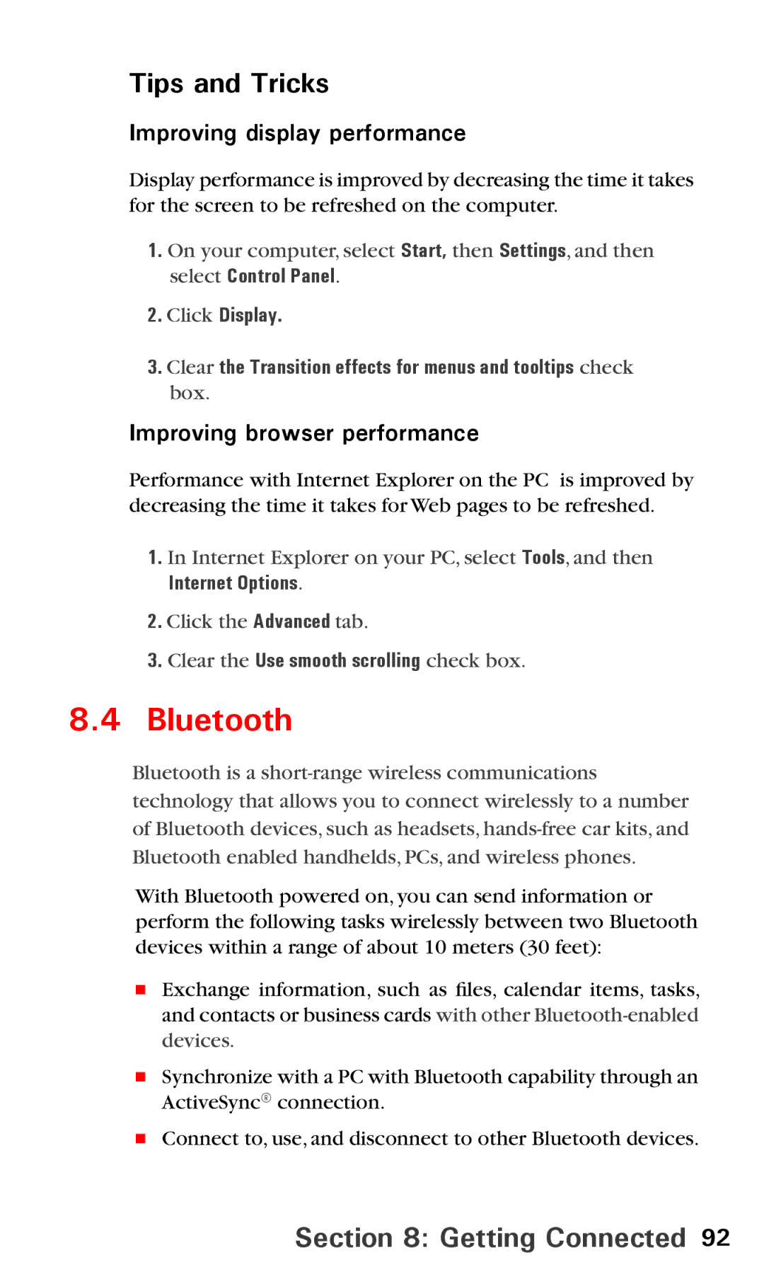 Audiovox PPC6600 manual Bluetooth, Tips and Tricks, Improving display performance, Improving browser performance 