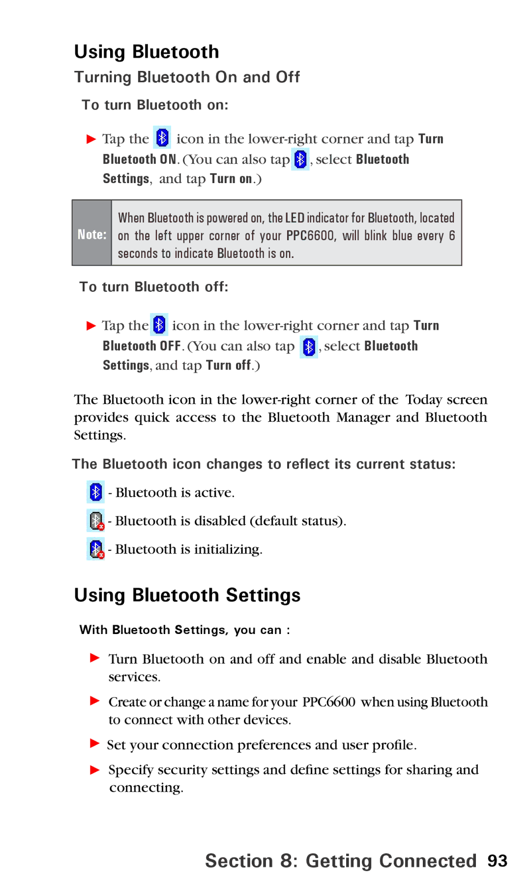 Audiovox PPC6600 manual Using Bluetooth Settings, Turning Bluetooth On and Off 