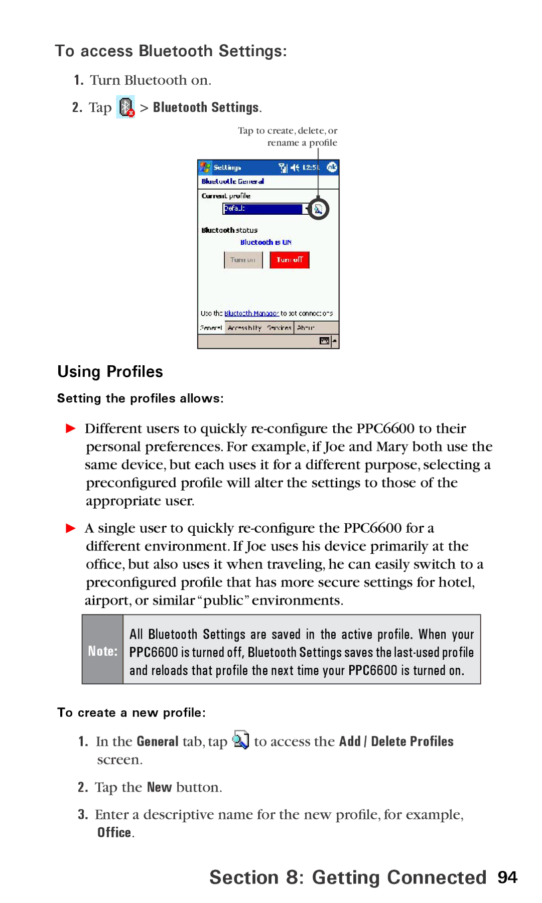 Audiovox PPC6600 manual To access Bluetooth Settings, Using Profiles, Tap Bluetooth Settings, Office 