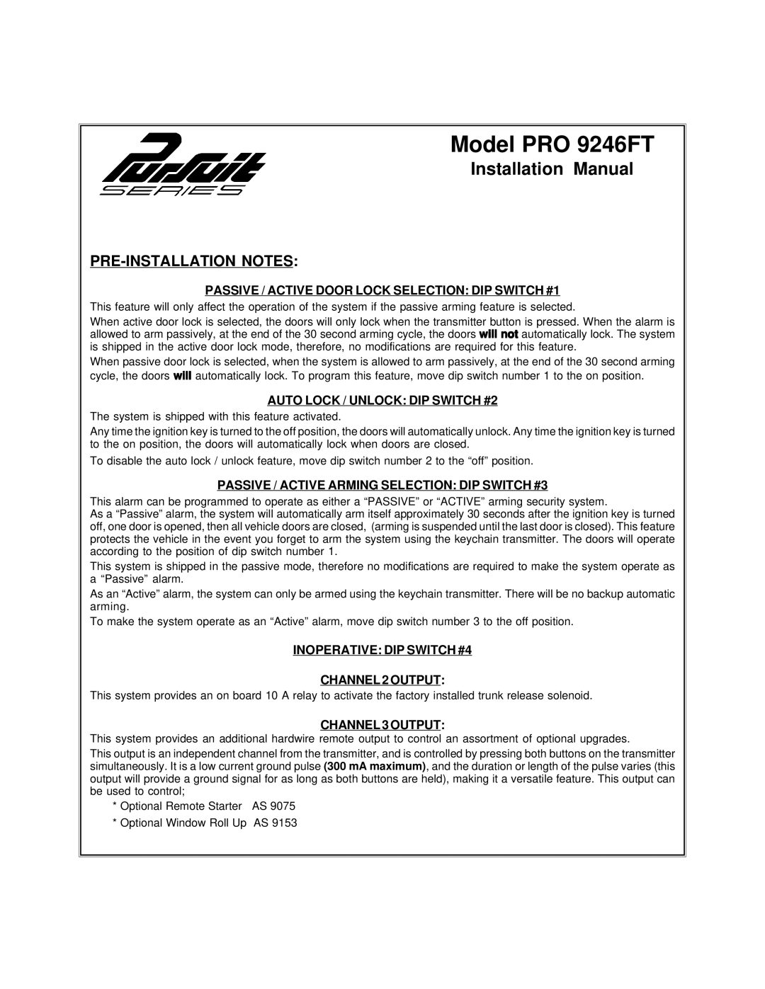 Audiovox PRO 9246FT installation manual Passive / Active Door Lock Selection DIP Switch #1, Channel 3 Output 