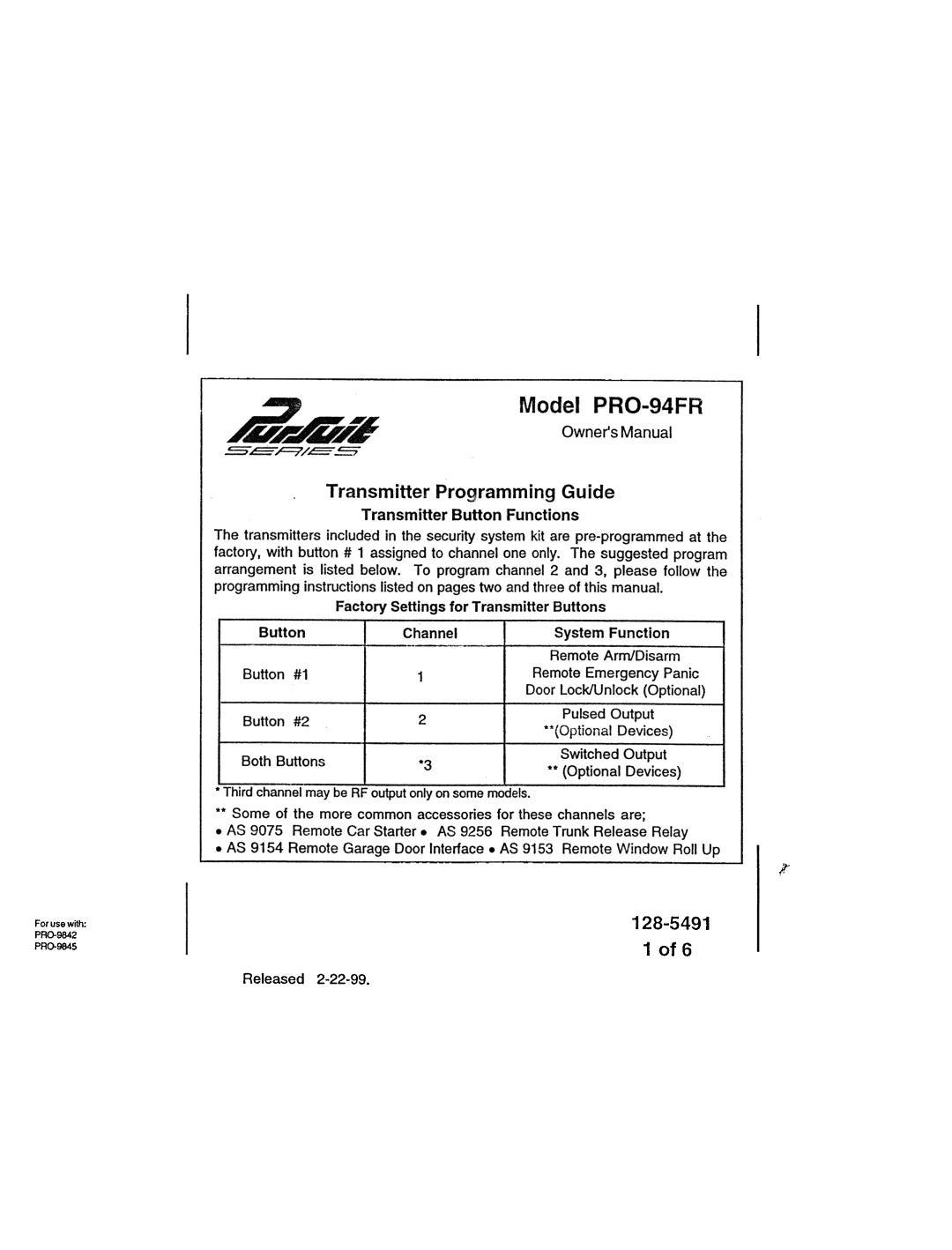 Audiovox owner manual Model PRO-94FR OwnersManual, 128-5491 