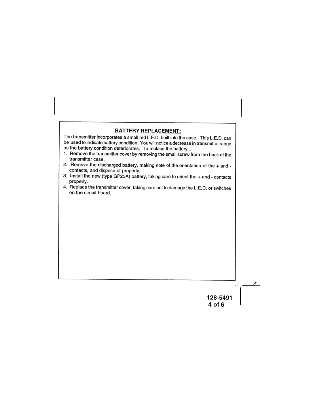 Audiovox PRO-94FR owner manual 128-5491 Of6, Battery Replacement 