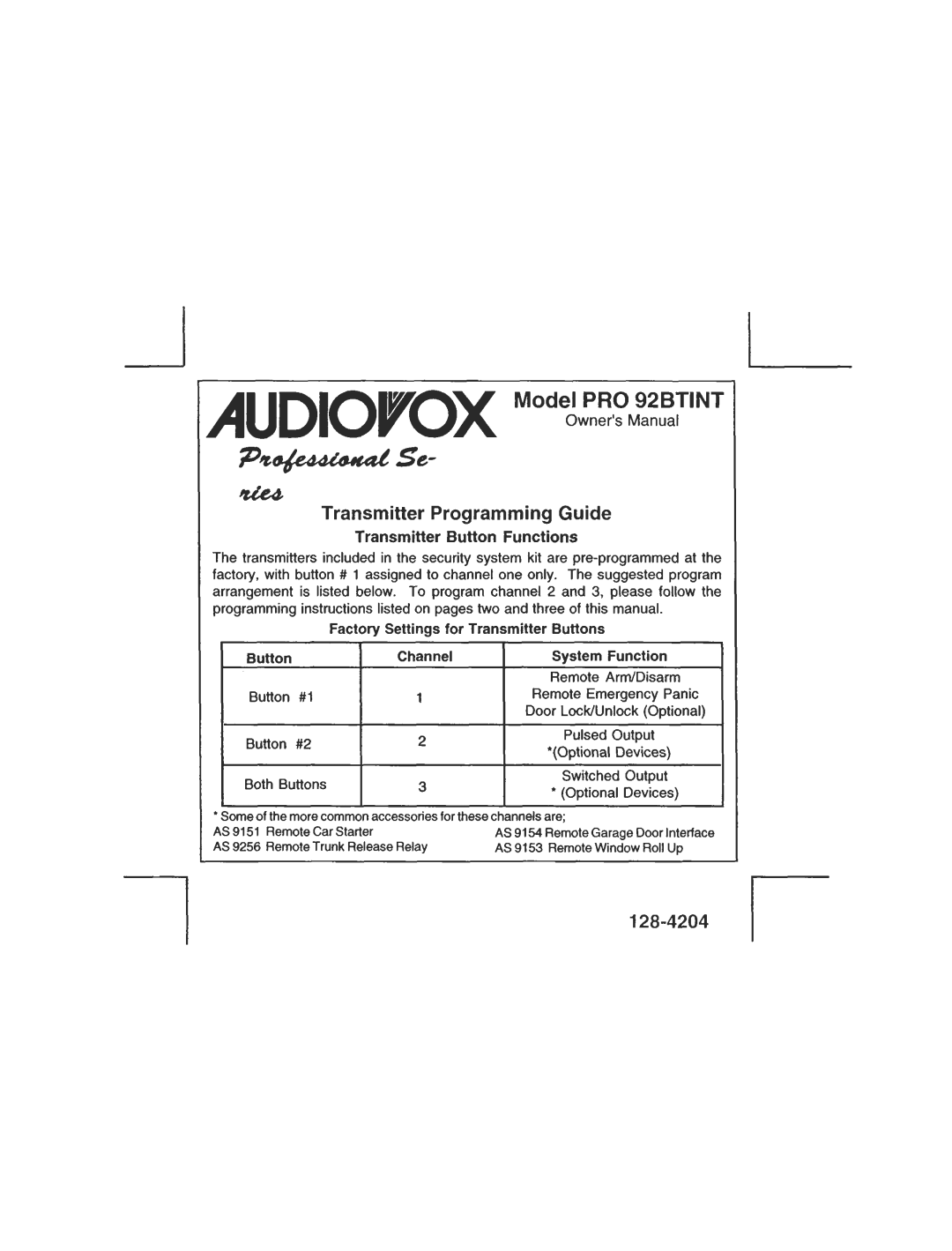Audiovox PRO92BTINT owner manual l-te4, 128-4204, P1f,~Se, Model PRO 92BTINT OwnersManual 