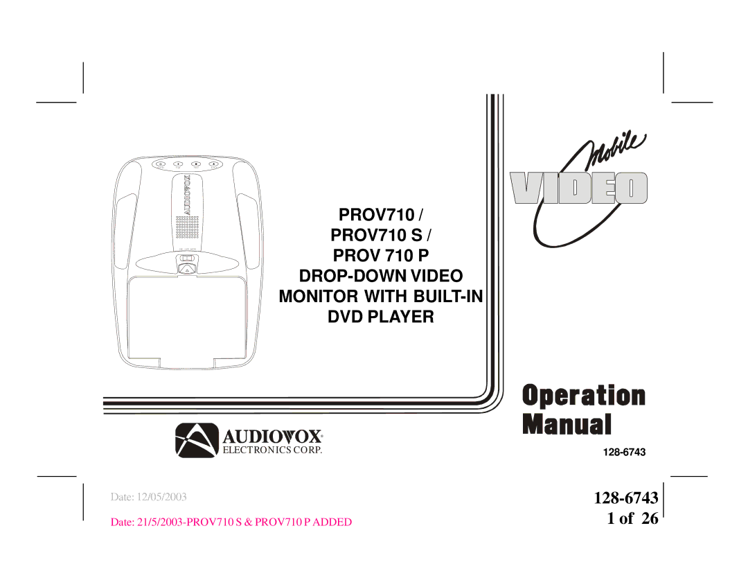 Audiovox PROV710 S, PROV 710 P manual Vo D 