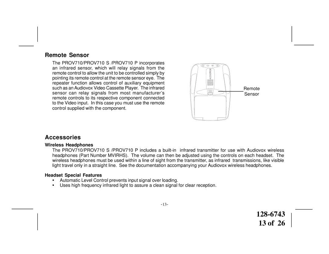 Audiovox PROV710 S, PROV 710 P manual Remote Sensor, Accessories, Wireless Headphones, Headset Special Features 