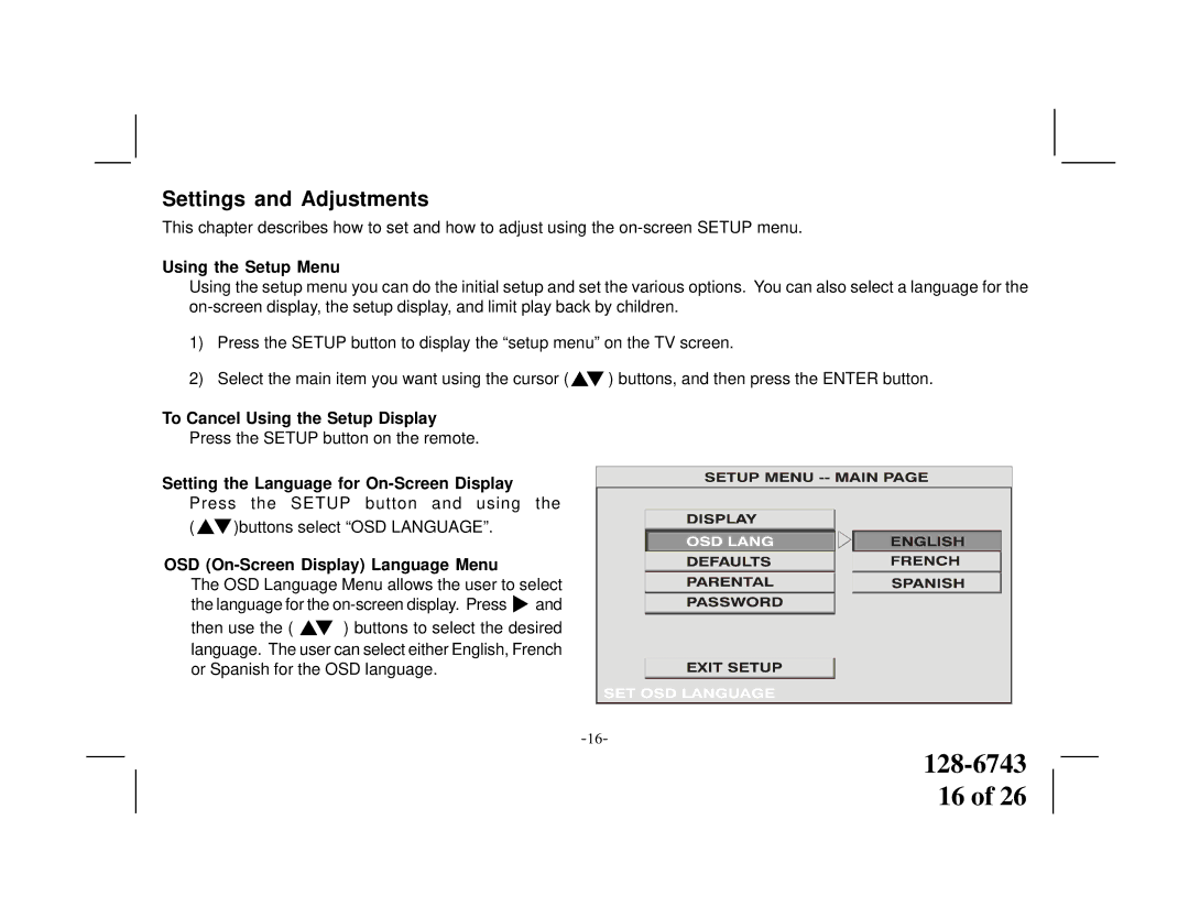 Audiovox PROV710 S, PROV 710 P manual Settings and Adjustments, Using the Setup Menu, To Cancel Using the Setup Display 