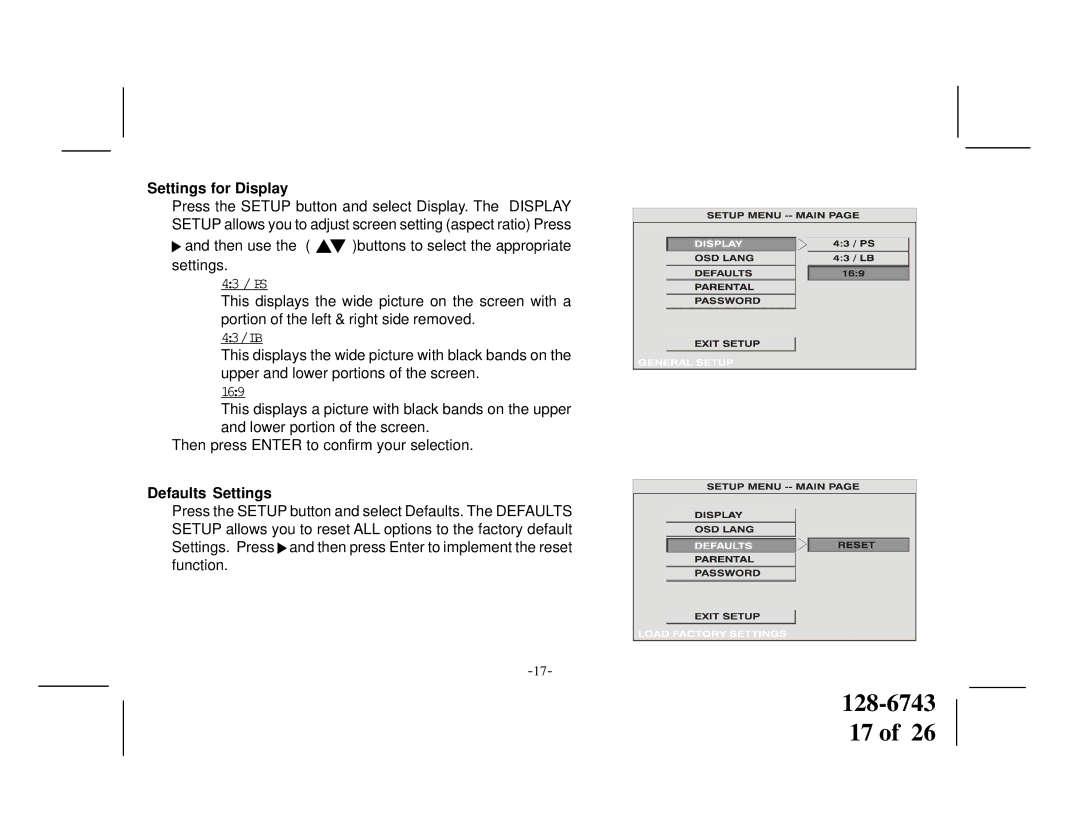 Audiovox PROV 710 P, PROV710 S manual Settings for Display, Defaults Settings 