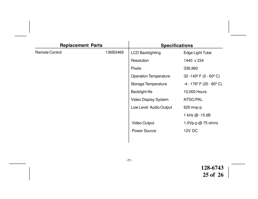 Audiovox PROV710 S, PROV 710 P manual Replacement Parts Specifications, Ntsc/Pal 