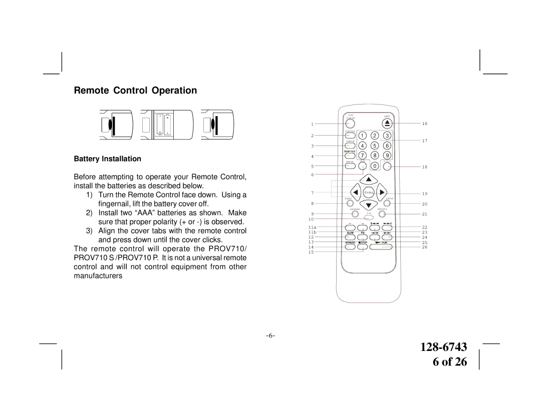 Audiovox PROV710 S, PROV 710 P manual Remote Control Operation, Battery Installation 