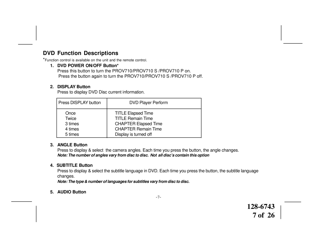 Audiovox PROV710 S, PROV 710 P manual DVD Function Descriptions 