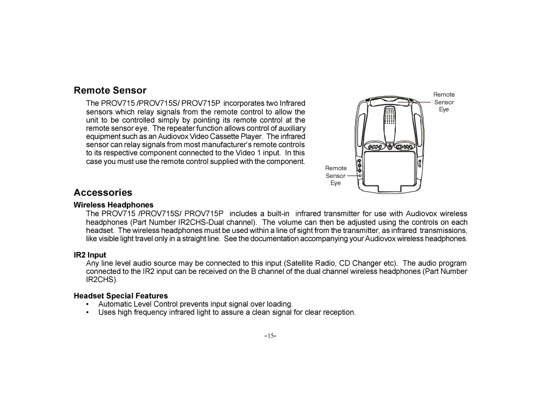 Audiovox PROV715S, PROV715P manual Remote Sensor, Accessories, Wireless Headphones, IR2 Input, Headset Special Features 