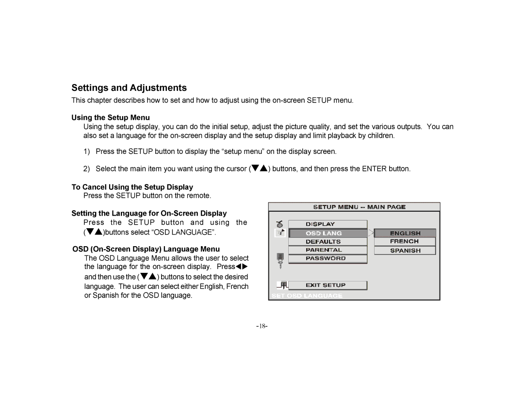 Audiovox PROV715S, PROV715P manual Settings and Adjustments, Using the Setup Menu, To Cancel Using the Setup Display 