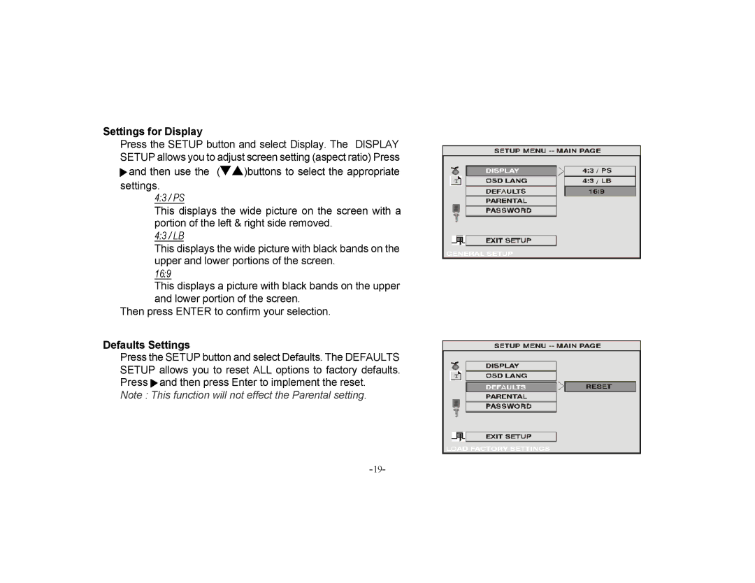 Audiovox PROV715S, PROV715P manual Settings for Display, Defaults Settings 