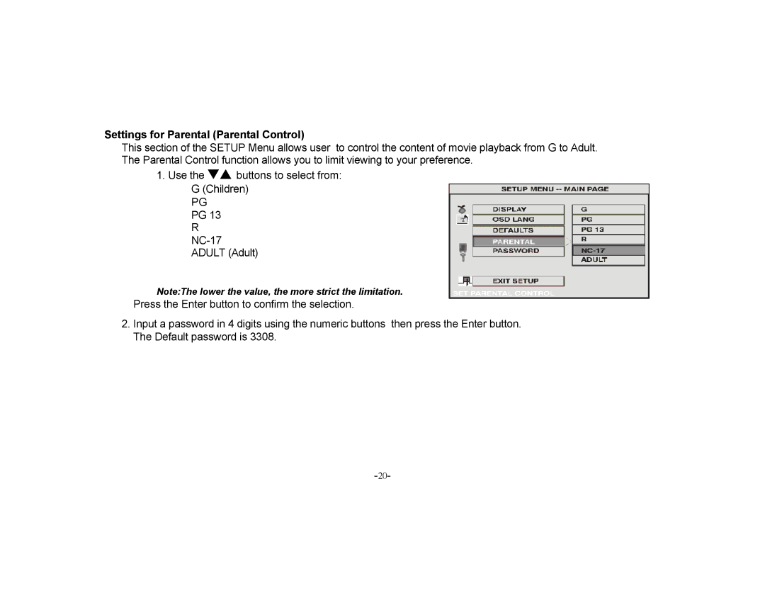 Audiovox PROV715P, PROV715S manual Settings for Parental Parental Control 