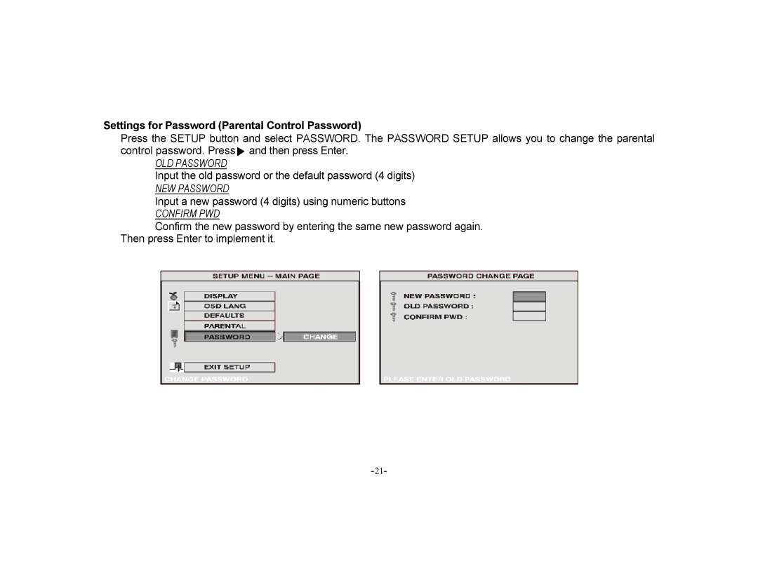 Audiovox PROV715S, PROV715P manual Settings for Password Parental Control Password, Confirm PWD 