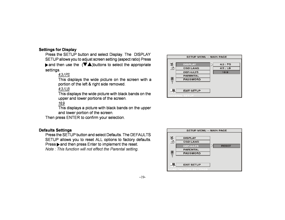 Audiovox PROV715S, PROV715P manual Settings for Display, 4 3 / PS, 4 3 / LB, Defaults Settings 