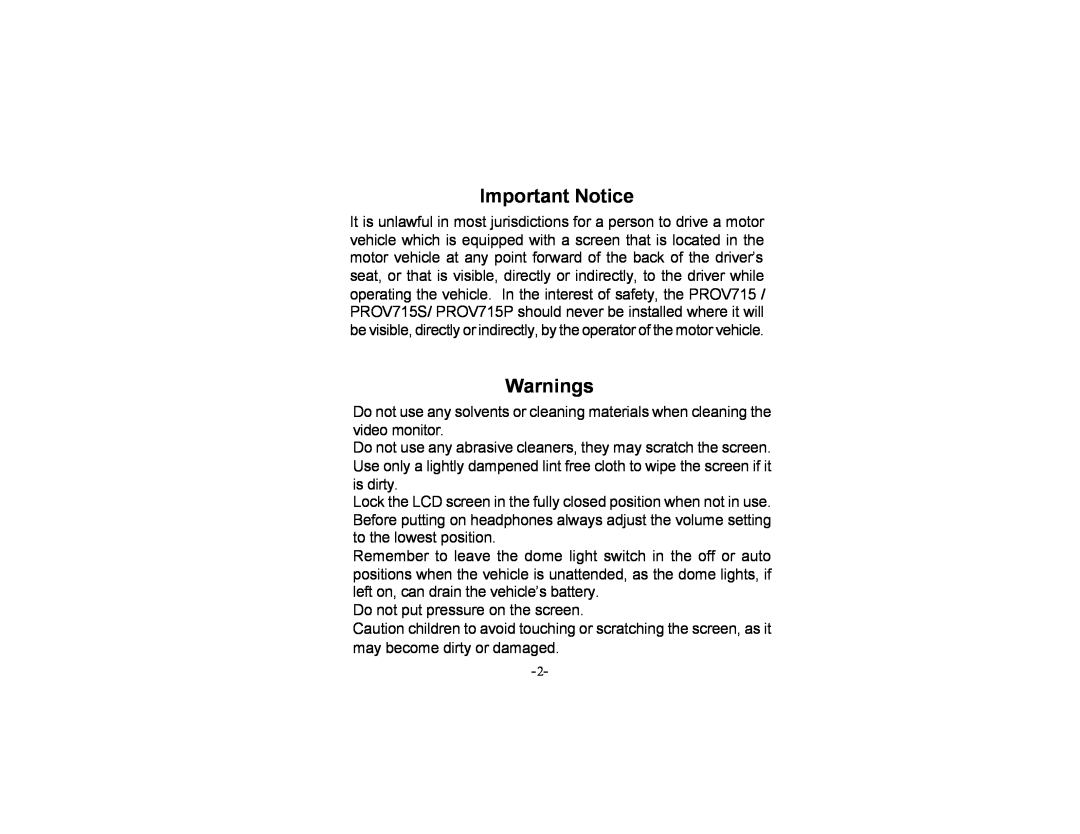 Audiovox PROV715P, PROV715S manual Important Notice, Warnings 