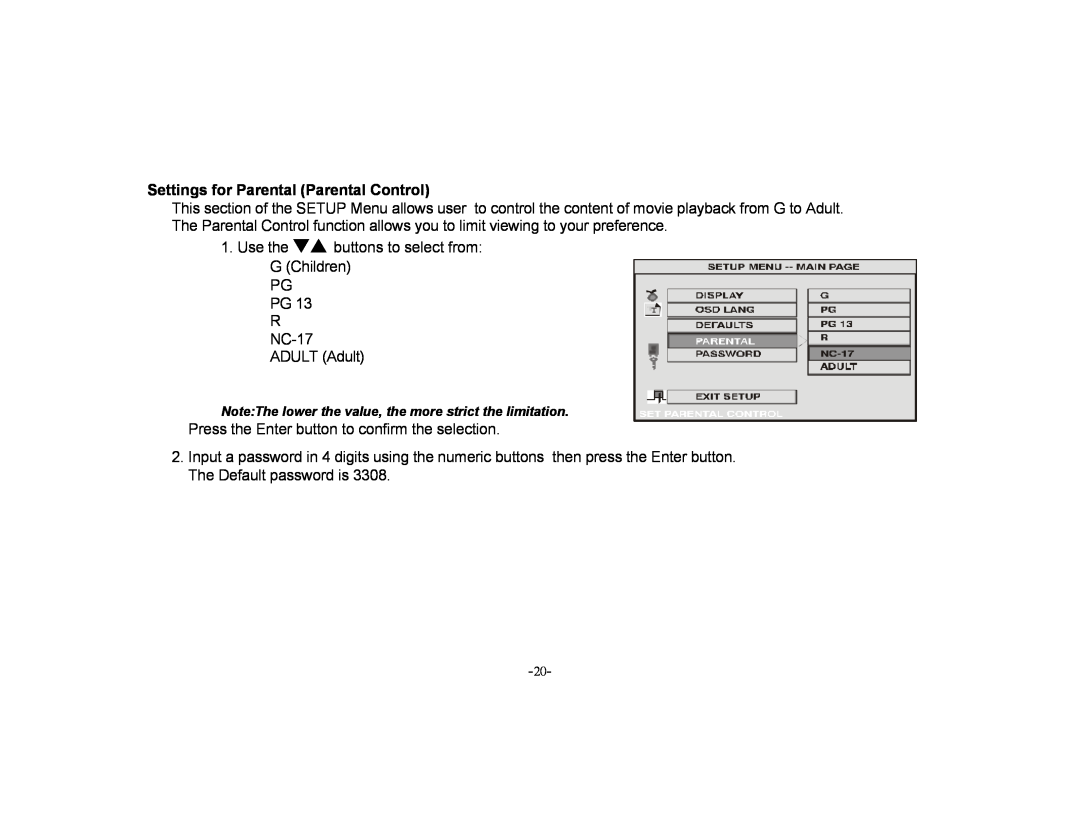 Audiovox PROV715P, PROV715S manual Settings for Parental Parental Control 