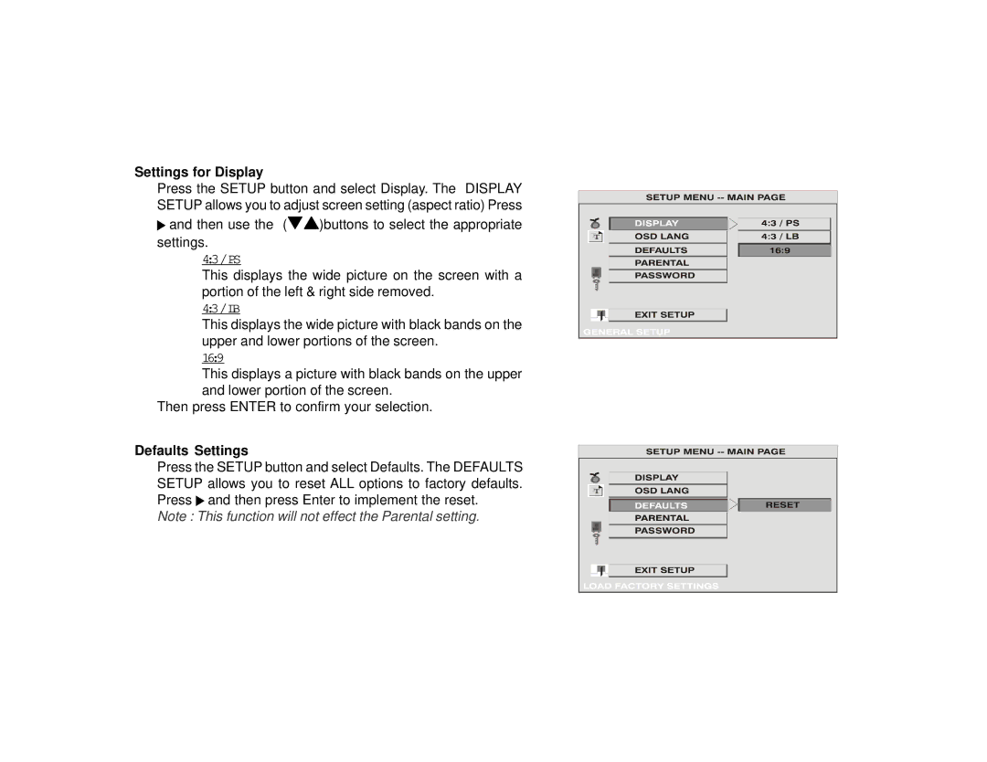 Audiovox PROV716T, PROV716G manual Settings for Display, Defaults Settings 