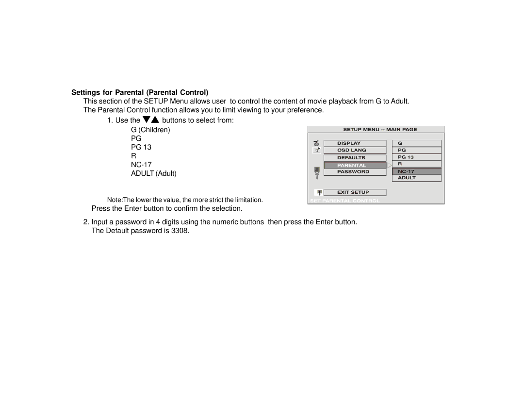 Audiovox PROV716G, PROV716T manual Settings for Parental Parental Control 