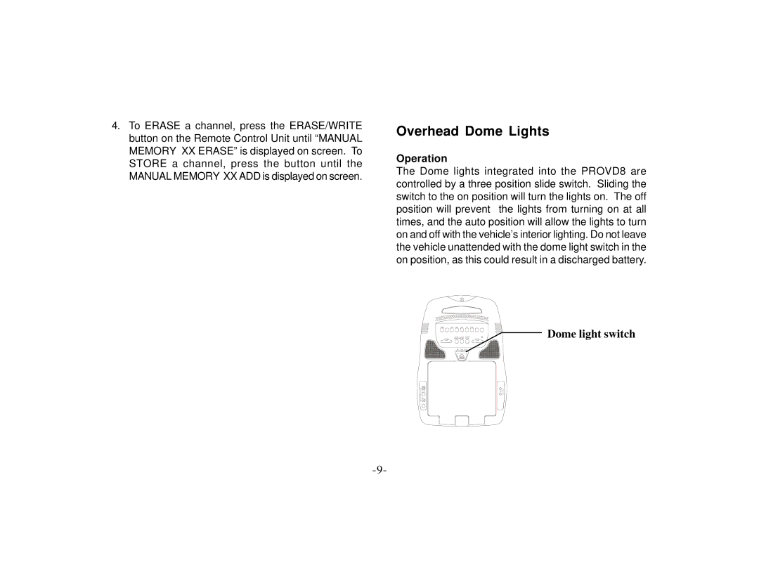 Audiovox PROVD8 manual Overhead Dome Lights, Operation 