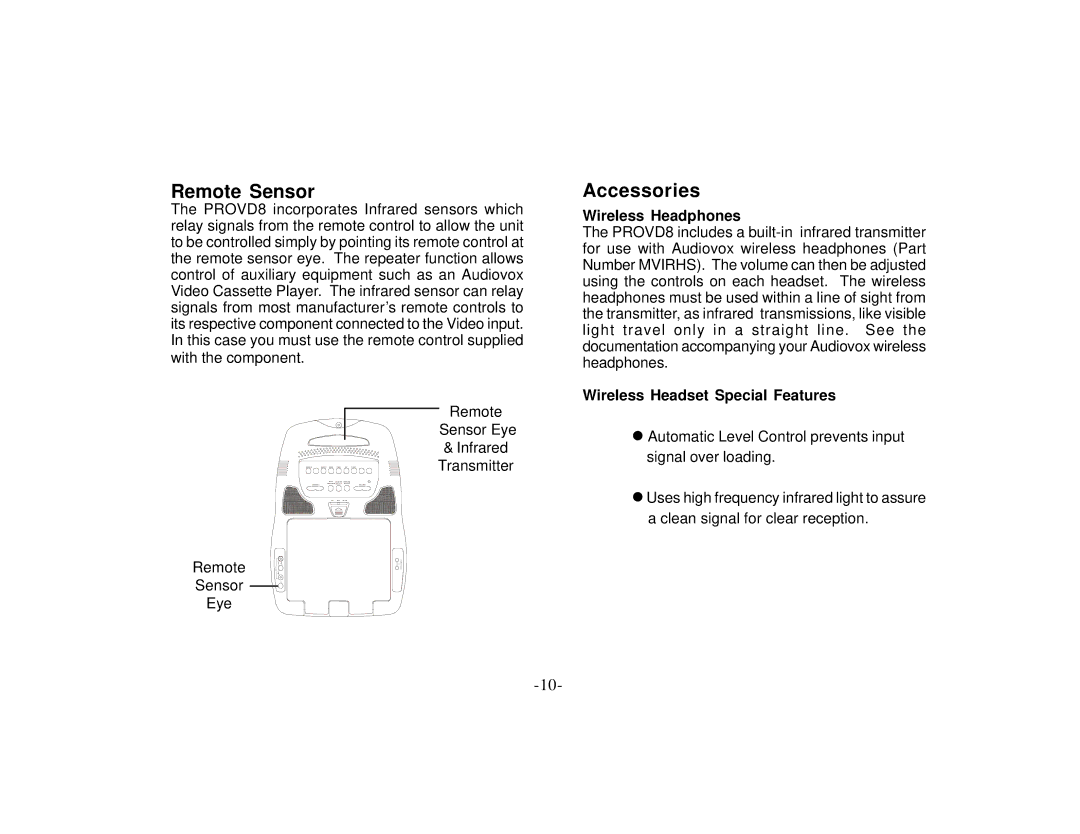 Audiovox PROVD8 manual Remote Sensor, Accessories, Wireless Headphones, Wireless Headset Special Features 