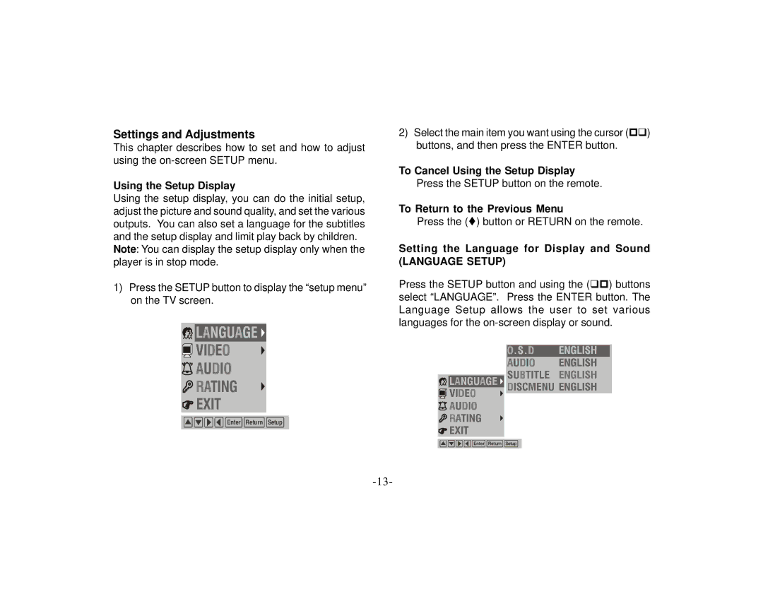 Audiovox PROVD8 manual Using the Setup Display, To Return to the Previous Menu, Setting the Language for Display and Sound 