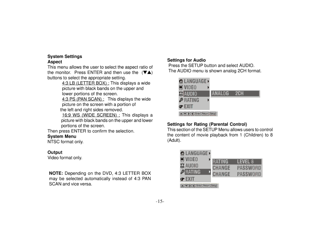 Audiovox PROVD8 manual System Settings Aspect, Output, Settings for Audio, Settings for Rating Parental Control 