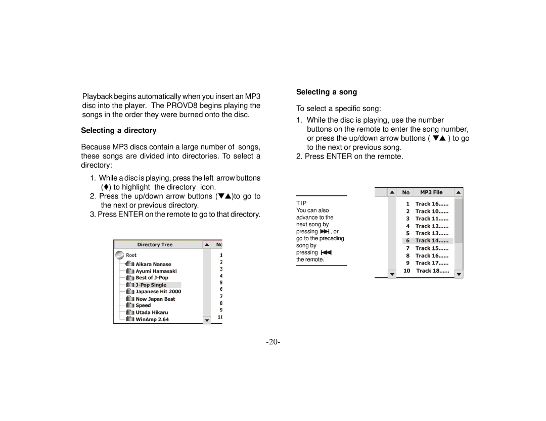 Audiovox PROVD8 manual Selecting a directory, Selecting a song 