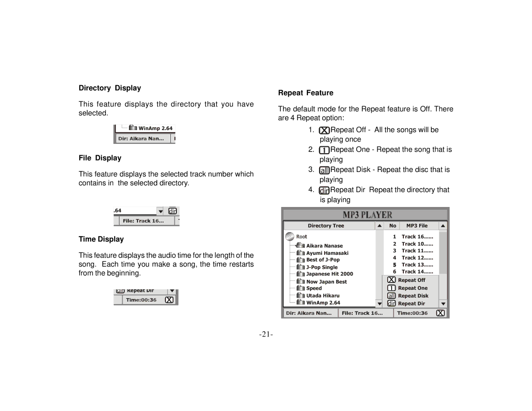 Audiovox PROVD8 manual Directory Display, File Display, Repeat Feature 