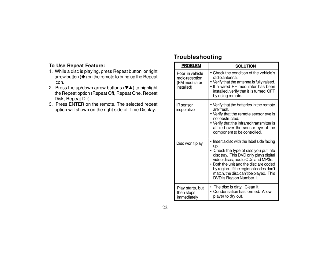 Audiovox PROVD8 manual Troubleshooting, To Use Repeat Feature 