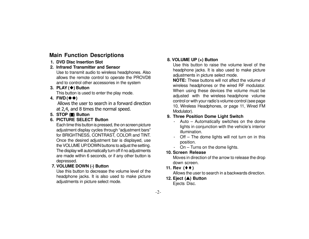 Audiovox PROVD8 manual Main Function Descriptions 