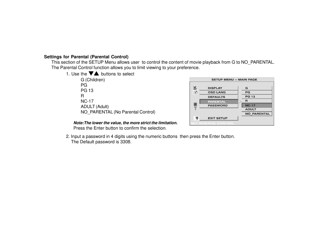 Audiovox PROVE8 manual Settings for Parental Parental Control 