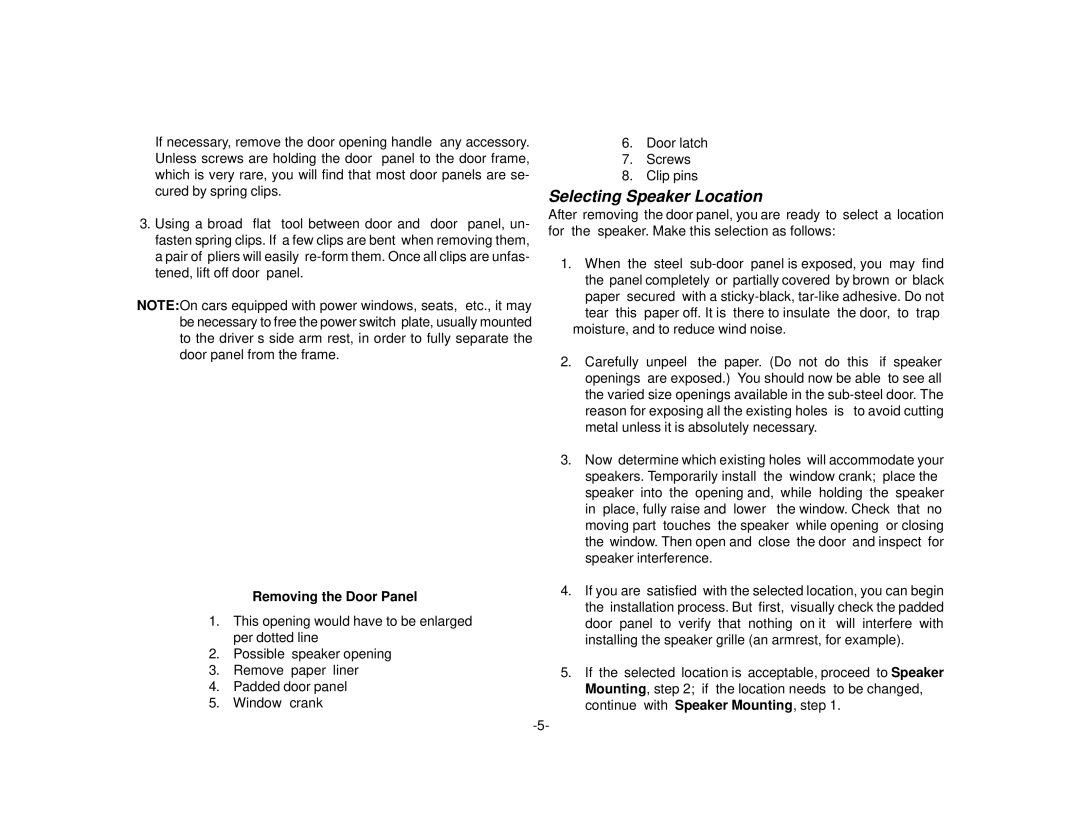 Audiovox PS-2655, PS-2351, PS-2652, PS-2525, PS-2401 owner manual Selecting Speaker Location, Removing the Door Panel 
