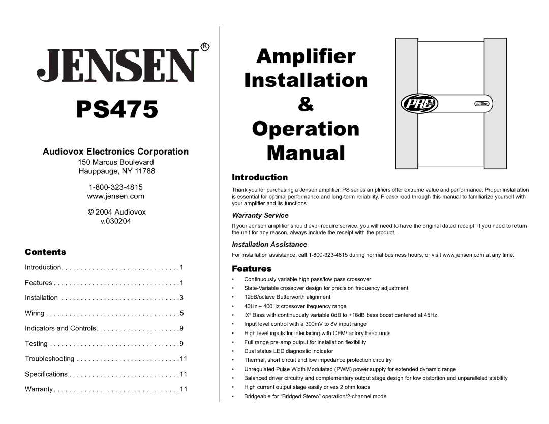 Audiovox PS475 specifications Contents, Introduction, Features 